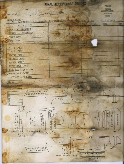 1976 Ford Ranchero - This document shows a defect record and diagrams of car body parts.