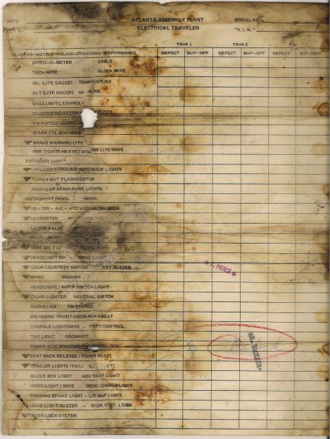 1976 Ford Ranchero - This document is an electrical checklist from the Atlanta Assembly Plant, detailing various vehicle systems for inspection.