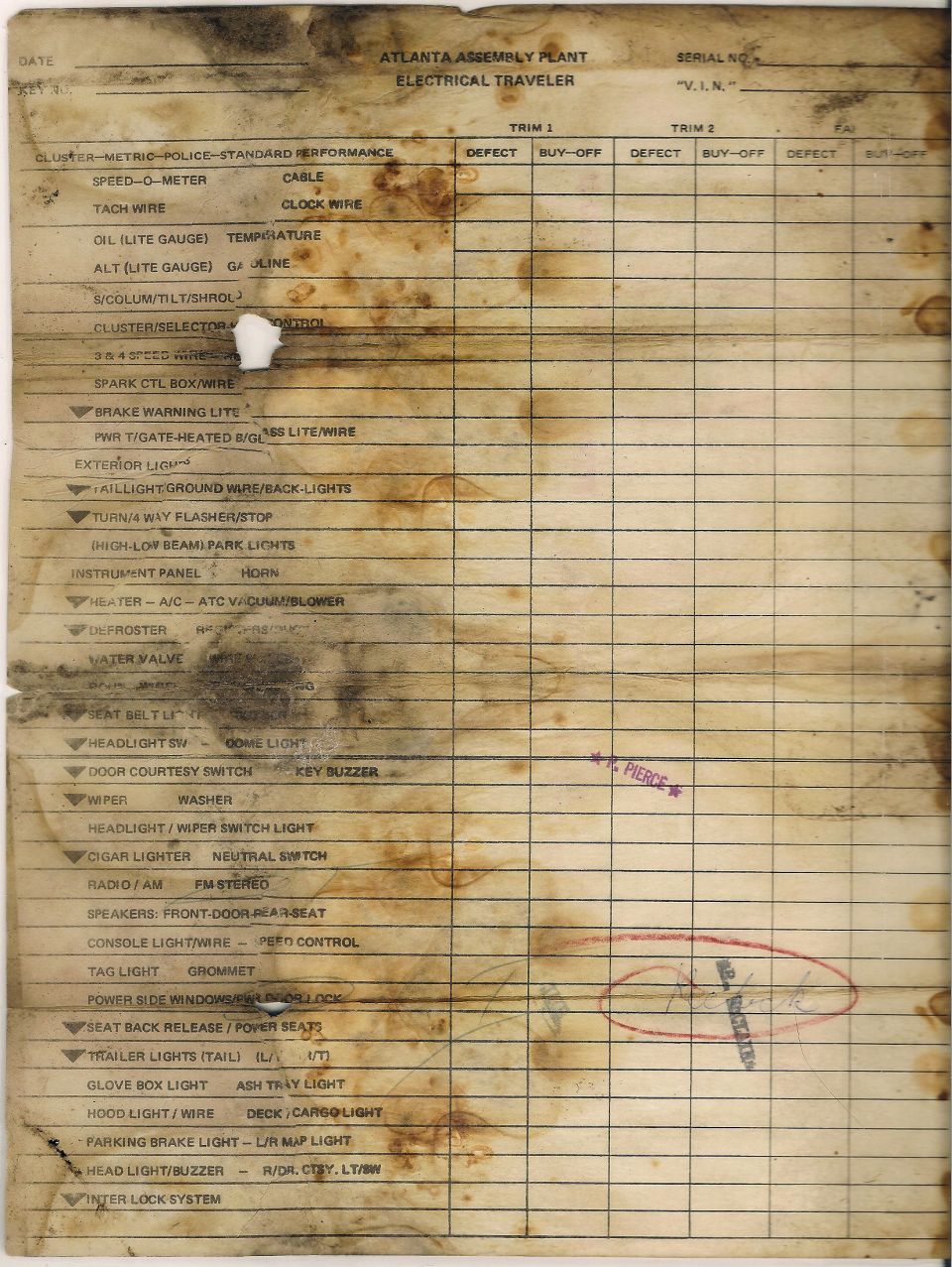 Atlanta Assembly Plant electrical traveler checklist with various vehicle components listed