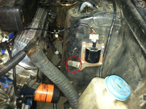 1968 Ford Ranchero - More mock-up. The coil brakcet came from a 90 Mustang GT. The tab that is circled had to be bent 90* (its current position) to fit the Ranc…