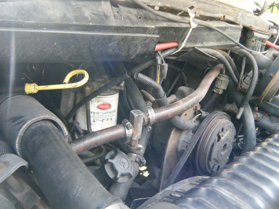 Engine bay of a 1988 Ford E350 with a visible oil filter and belts