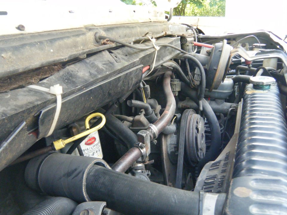 Engine bay with hoses, belts, and radiator visible. A yellow dipstick is prominent