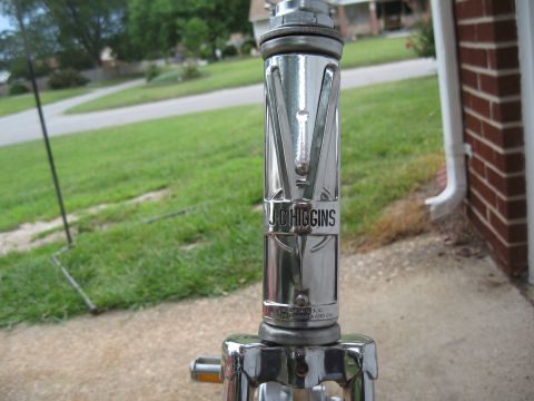 1994 Ford Bronco - Close-up of a vintage JC HIGGINS bicycle handlebar stem, chrome plated.