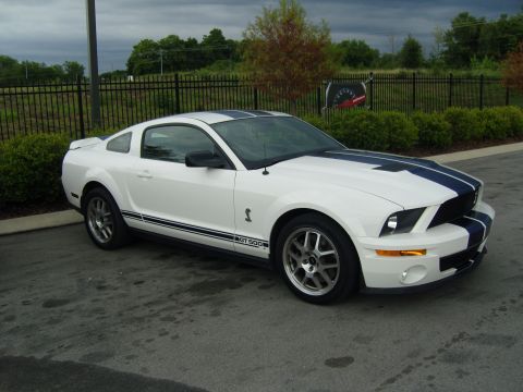 2007 Ford Mustang - A white 2007 Ford Mustang GT500 with blue racing stripes is parked outside a dealership.