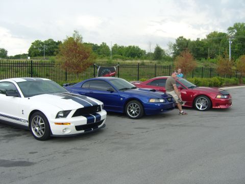 2007 Ford Mustang - Three Ford Mustangs, including a white GT500 and a red GT, are parked together at an outdoor event.