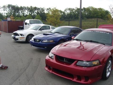 2007 Ford Mustang - Three Ford Mustangs and a pickup truck are parked in a lot.