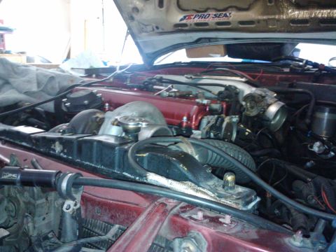 1995 Ford Probe - Close-up view of an engine bay with prominent red valve covers and radiator.