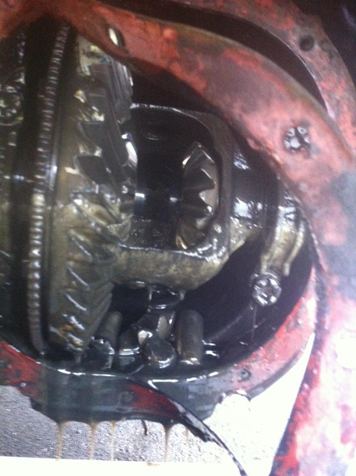 close-up of differential gears with oil