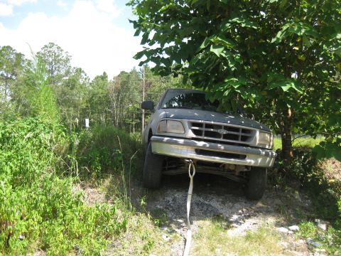 1994 Ford Bronco - A gray 1997 Ford F-150 is stuck on a dirt incline, with a tow strap attached to its front bumper and a tree providing shade.