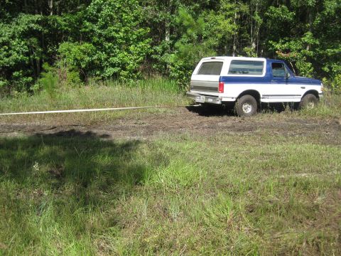 1994 Ford Bronco - A white and blue 1994 Ford Bronco is seen from the rear, being towed through a grassy and muddy area.
