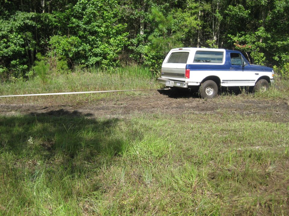 1994 Ford Bronco, rear view, white and blue, being towed