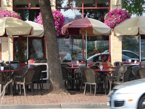 1992 Ford Taurus - A tree partially obscures the view of a restaurant patio with tables and chairs.