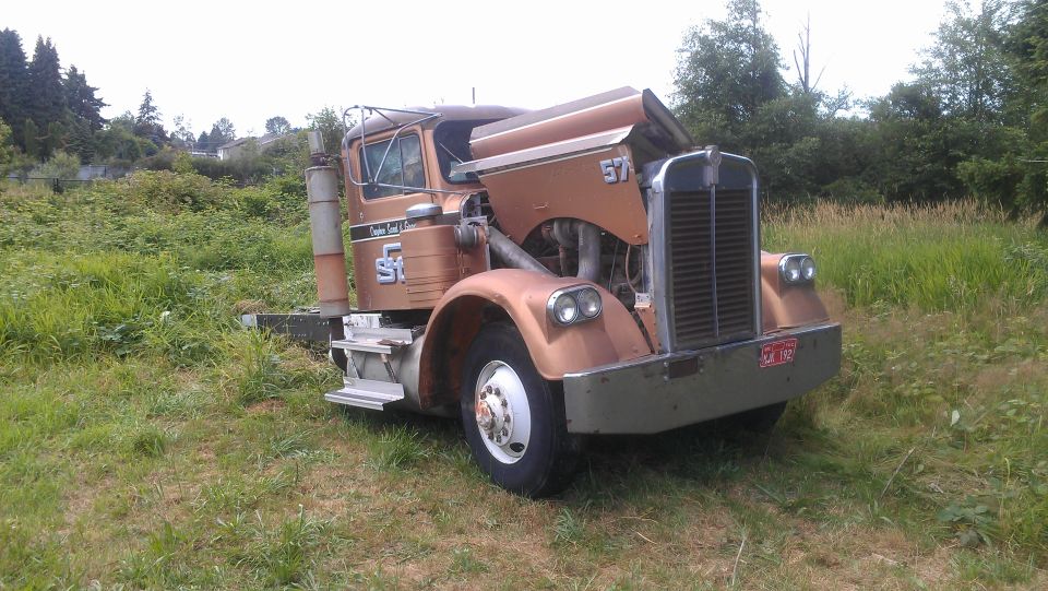 Vintage brown Kenworth dump truck parked in tall grass with hood open