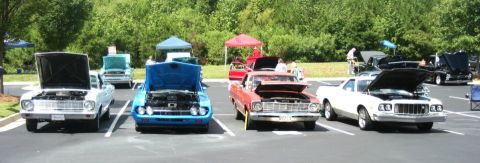 1976 Ford Ranchero - Several vehicles are displayed with their hoods open at an outdoor event.