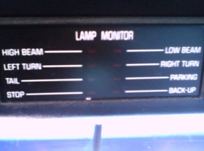 Lamp monitor gauge with indicators for high beam, left turn, tail, stop, low beam, right turn, parking, and back-up