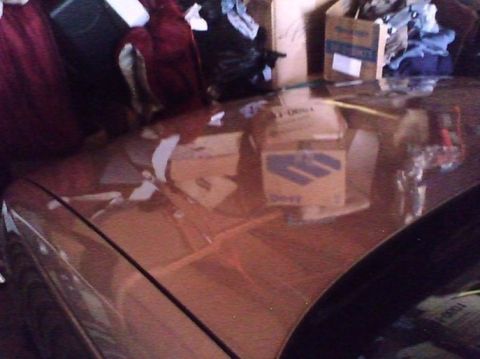 2000 Mercury Grand Marquis - The glossy surface of the car hood reflects items stored in the garage, including cardboard boxes and fabric.