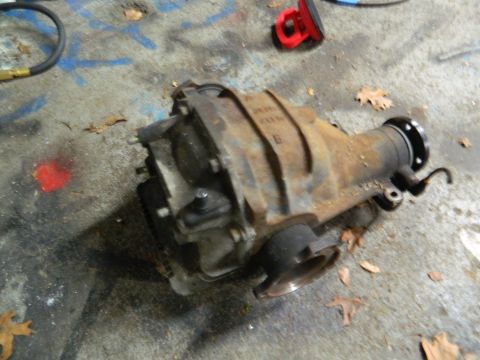 1995 Honda Civic - A rusty differential part rests on a concrete floor, surrounded by fallen leaves.