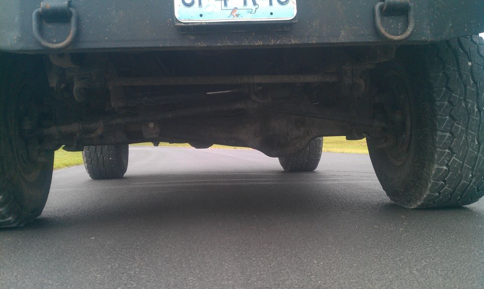 Rear axle, suspension components, and tires of a vehicle, viewed from underneath