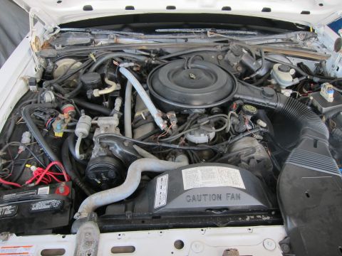 1991 Ford LTD Crown Victoria - The engine bay of a vehicle is shown, with a prominent label reading "CAUTION FAN" on the fan shroud.