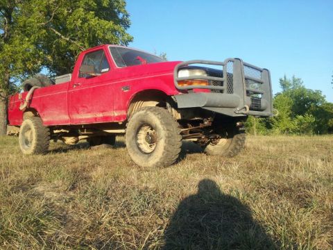 1995 Ford F-150 - A red 1995 Ford F-150 pickup truck is parked in a grassy field under a clear blue sky.