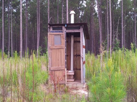 1986 Ford Bronco - An old wooden outhouse stands in a clearing surrounded by pine trees, a metal roof and a prominent chimney.