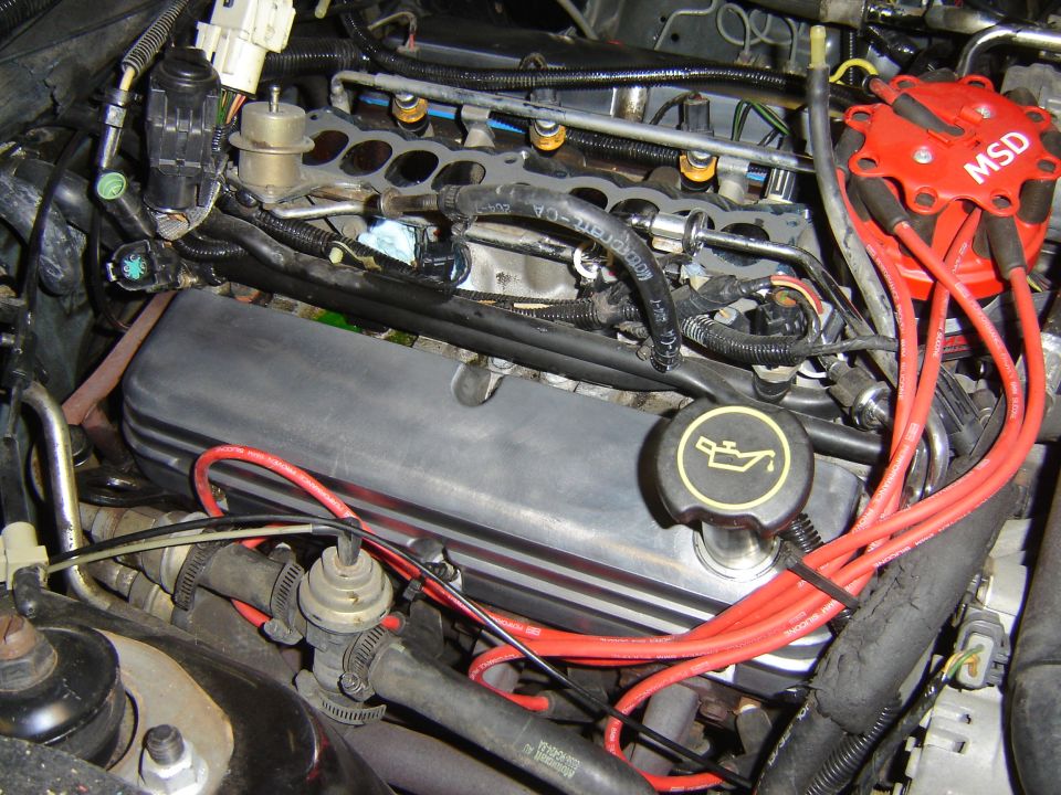 Engine bay detail showing MSD ignition distributor and valve cover