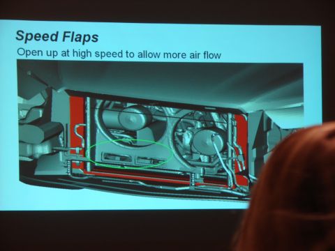 1992 Ford Taurus - Photograph of a presentation screen showing a 3D rendering of speed flaps that open at high speed for more airflow.