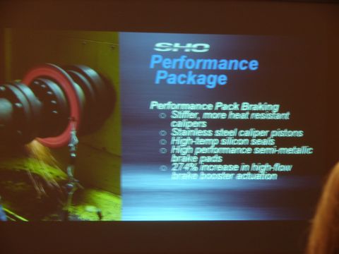 1992 Ford Taurus - Slide details the 'SHO Performance Package' braking system, listing components and benefits.