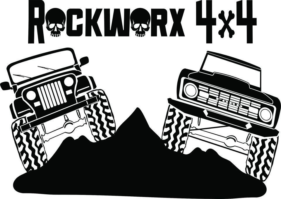 Black silhouette of a Jeep and a Ford Bronco on a hill with 'ROCKWORX 4x4' text above