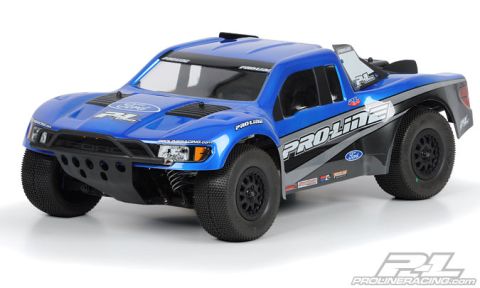 1986 Ford Bronco - A blue remote control truck with racing decals is shown from a 3/4 front angle.