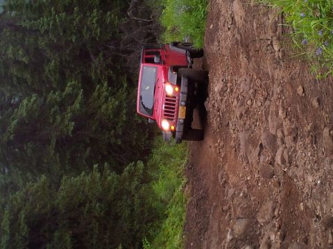 1990 Chevrolet Suburban - A red Jeep Wrangler navigates a rough, rocky trail through a wooded area.