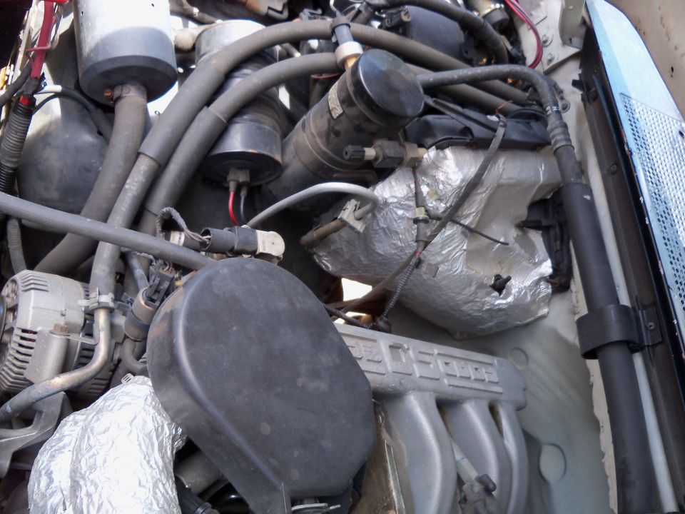 engine bay with hoses, alternator, and intake manifold visible