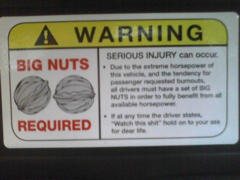 2003 Ford Crown Victoria - A humorous warning sticker is affixed, humorously referencing "BIG NUTS" and extreme vehicle performance.