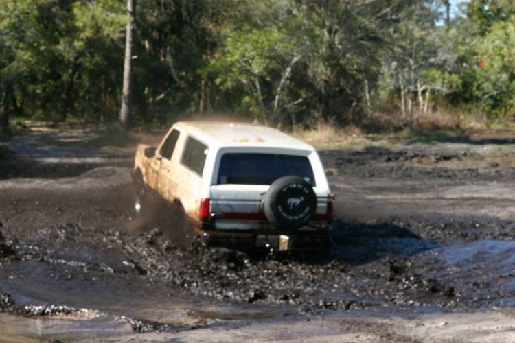 White SUV with spare tire on rear stuck in mud, trees in background