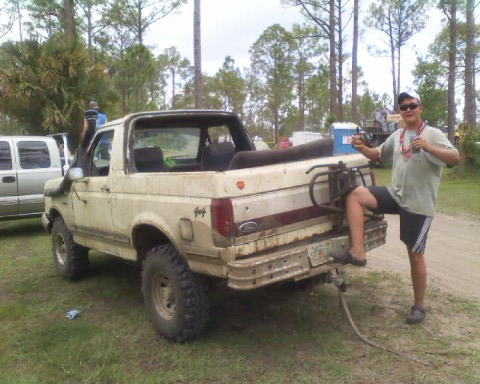 1988 Ford Bronco - Redneck Yatch Club. tons of fun. lots of work too tho. My friend getting ready for a ride