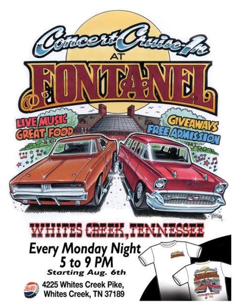 2007 Ford Mustang - Illustration for a Concert Cruise-In event a 1957 Chevrolet Bel Air and a Dodge Charger.