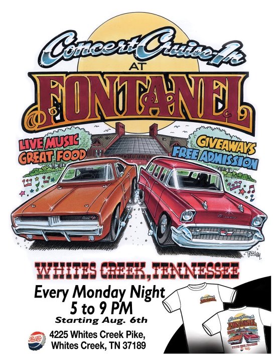 Illustration of 1957 Chevrolet Bel Air and orange Dodge Charger at Concert Cruise-In