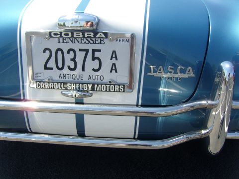 2007 Ford Mustang - The rear of a blue and white striped car is visible, a chrome bumper and a license plate frame from Carroll Shelby Motors.