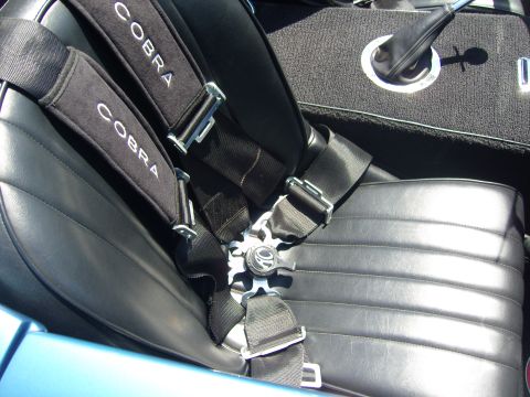 2007 Ford Mustang - Interior view of racing seats with Cobra embroidered harnesses and a gear shifter.