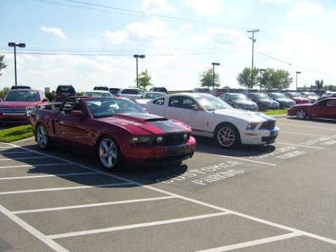 2007 Ford Mustang - Two Ford Mustangs are parked in a lot, one red convertible and one white coupe.