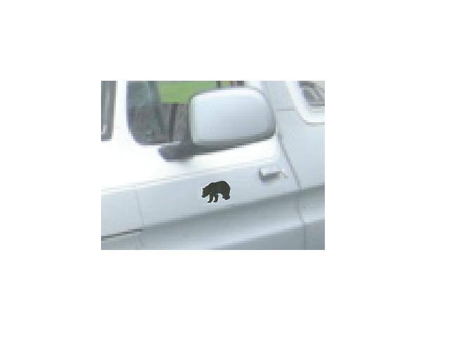 Black bear decal on the side of a white vehicle near the side mirror
