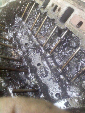 1988 Ford Bronco - This engine cylinder head shows significant sludge buildup around the pushrods and valves, indicating potential maintenance issues.