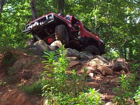1979 Ford F-150 - Off-road truck navigating a rocky incline in a forest setting.