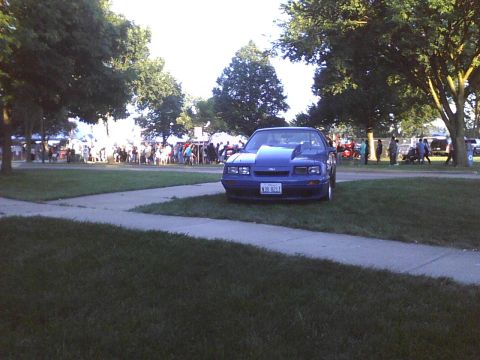 2003 Ford Crown Victoria - A blue Ford Mustang is parked on the grass near a gathering of people under trees.