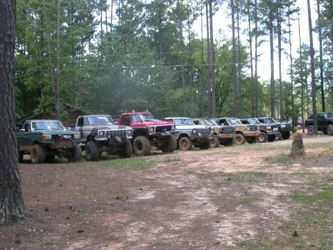 1990 Ford Bronco - A row of modified Ford trucks and Broncos are parked off-road in a forest clearing.