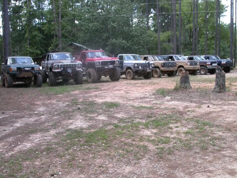 1990 Ford Bronco - Several modified Ford trucks are parked in a wooded area.