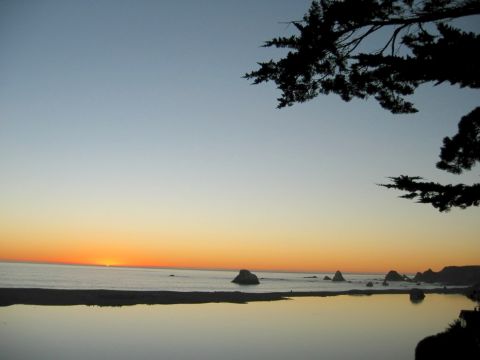 2002 Ford Taurus - Coastal sunset with ocean, rocks, and silhouetted tree branches.