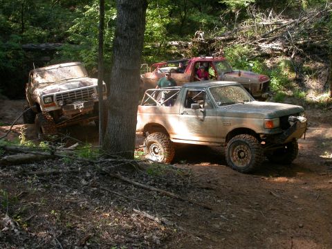 1990 Ford Bronco - Several off-road vehicles, including a 1990 Ford Bronco, navigate a wooded trail.