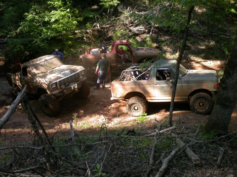 1990 Ford Bronco - Several modified trucks navigate a challenging off-road course through a dense forest.