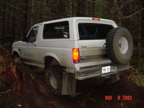 1989 Ford Bronco - Alvie getting some rocker damage on a stump on powerline